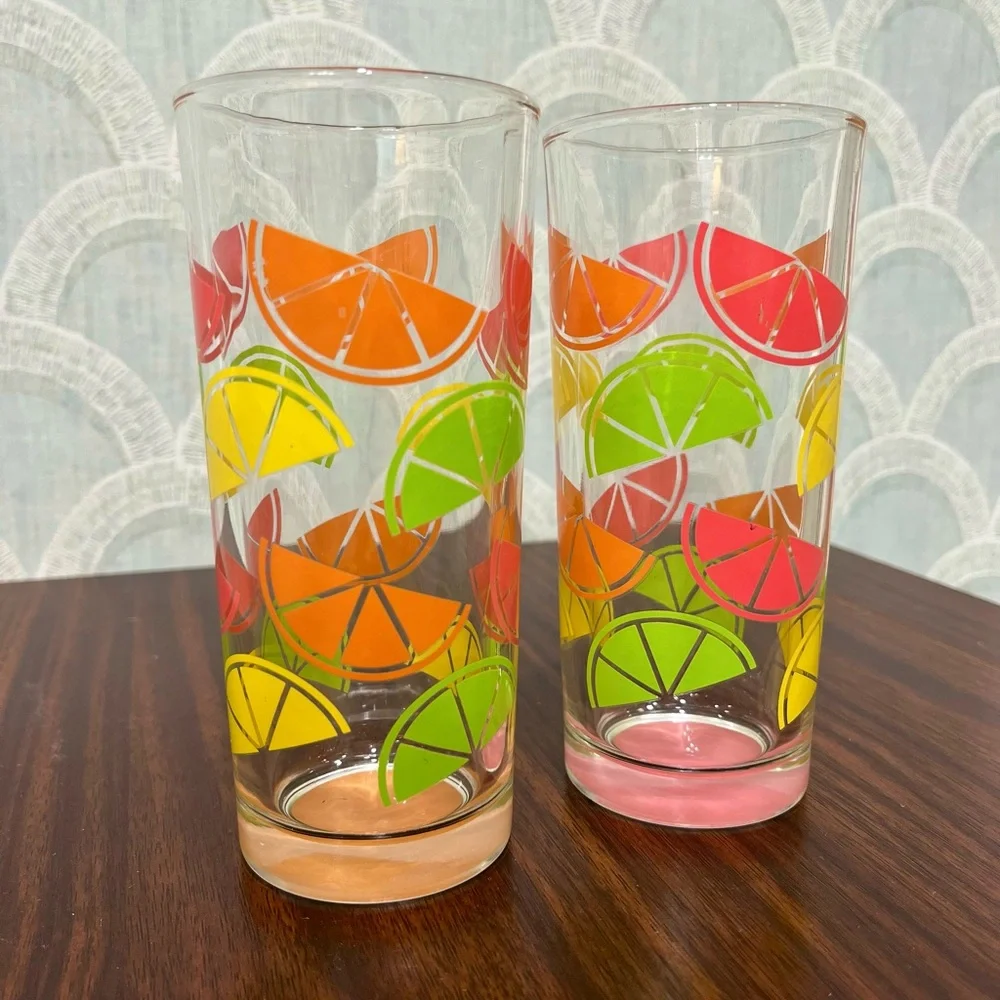 Set of (2) TMD Holdings Citrus Fruit Slice Highball Glasses 🍊🍋‍🟩🍋‎